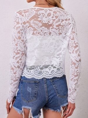 Elegant Regular Fit Lace Patchwork Crewneck Long Sleeve Jacket - Image 3