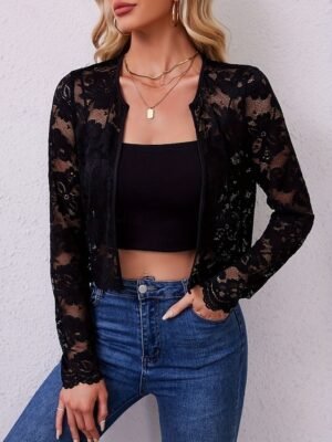 Elegant Regular Fit Lace Patchwork Crewneck Long Sleeve Jacket - Image 7