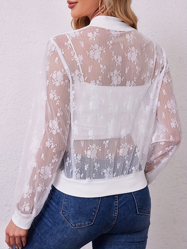 Elegant Regular Fit Lace Patchwork Stand Collar Long Sleeve Short Bomber Jacket - Image 2