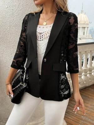 Elegant Regular Fit Lace Patchwork Turndown 3/4 Sleeve Blazer - Image 1