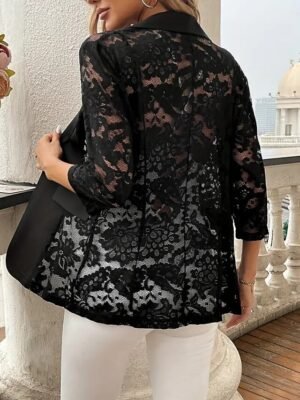 Elegant Regular Fit Lace Patchwork Turndown 3/4 Sleeve Blazer - Image 2
