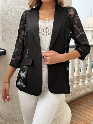 Elegant Regular Fit Lace Patchwork Turndown 3/4 Sleeve Blazer - Image 5
