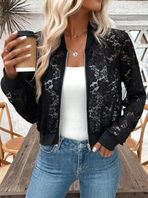 Elegant Regular Fit Lace Stand Collar Long Sleeve Short Bomber Jacket - Image 1