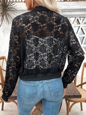Elegant Regular Fit Lace Stand Collar Long Sleeve Short Bomber Jacket - Image 2