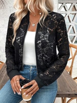 Elegant Regular Fit Lace Stand Collar Long Sleeve Short Bomber Jacket - Image 5