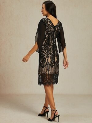 Elegant Regular Fit Mesh Lace Crew Neck 3/4 Sleeve Knee Length Dress - Image 2