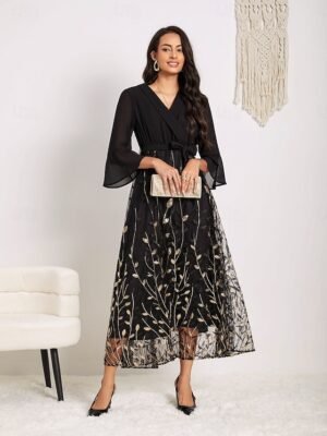 Elegant Regular Fit Mesh Lace Crew Neck 3/4 Sleeve Knee Length Dress - Image 30