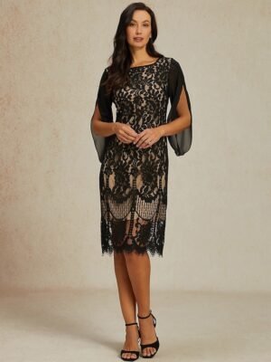 Elegant Regular Fit Mesh Lace Crew Neck 3/4 Sleeve Knee Length Dress - Image 6