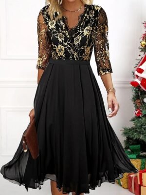 Elegant Regular Fit Mesh Lace Crew Neck 3/4 Sleeve Knee Length Dress - Image 7