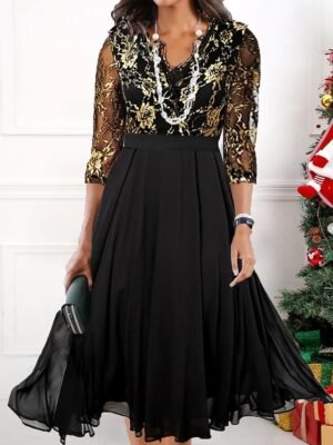 Elegant Regular Fit Mesh Lace Crew Neck 3/4 Sleeve Knee Length Dress - Image 8