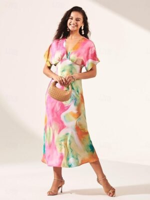 Elegant Regular Fit Ombre Print V Neck Short Sleeve Midi Dress - Image 11
