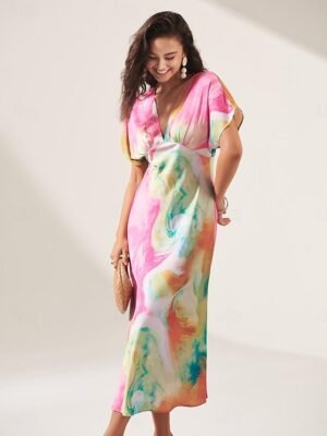 Elegant Regular Fit Ombre Print V Neck Short Sleeve Midi Dress - Image 17