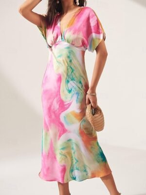 Elegant Regular Fit Ombre Print V Neck Short Sleeve Midi Dress - Image 18
