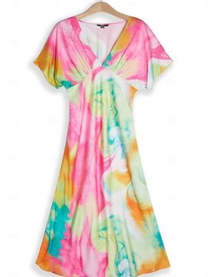Elegant Regular Fit Ombre Print V Neck Short Sleeve Midi Dress - Image 2