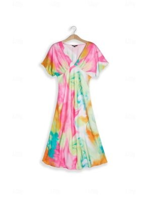 Elegant Regular Fit Ombre Print V Neck Short Sleeve Midi Dress - Image 20