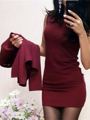 Elegant Regular Fit Patchwork Crew Neck Long Sleeve Mini Dress Set - Image 2