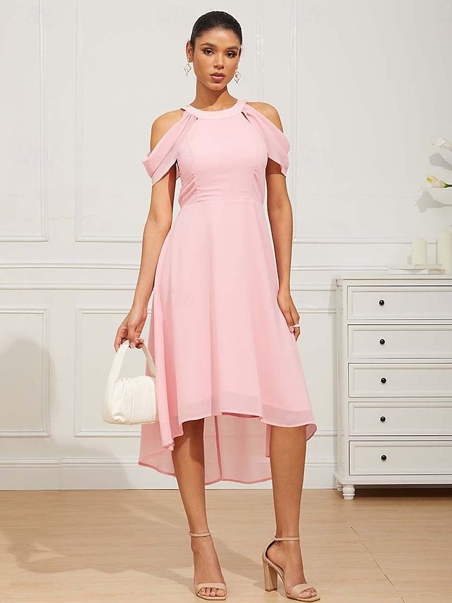 Elegant Regular Fit Pink Halter Neck Flutter Sleeve Tea Length Chiffon Dress - Image 1