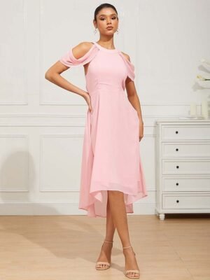 Elegant Regular Fit Pink Halter Neck Flutter Sleeve Tea Length Chiffon Dress - Image 3