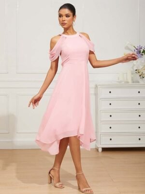 Elegant Regular Fit Pink Halter Neck Flutter Sleeve Tea Length Chiffon Dress - Image 4