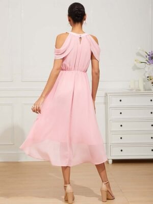 Elegant Regular Fit Pink Halter Neck Flutter Sleeve Tea Length Chiffon Dress - Image 6