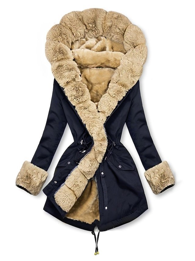 Elegant Regular Fit Plain Hoodie Fur Collar Long Sleeve Parka - Image 1