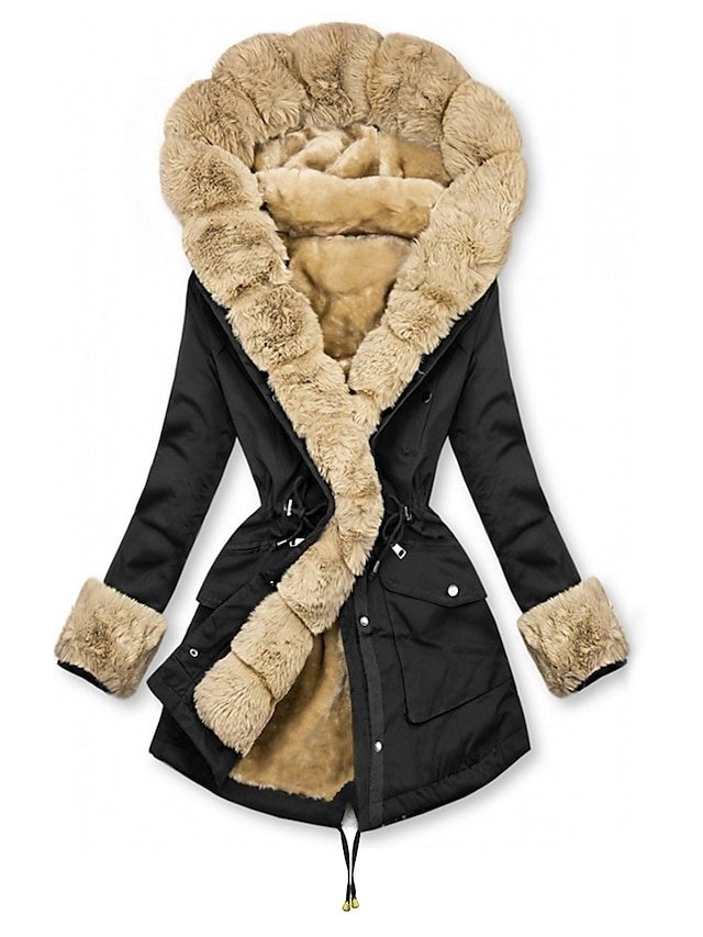 Elegant Regular Fit Plain Hoodie Fur Collar Long Sleeve Parka - Image 2