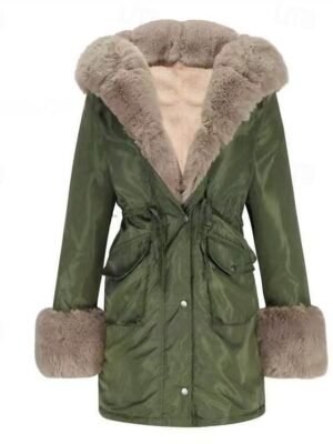 Elegant Regular Fit Plain Hoodie Fur Collar Long Sleeve Parka - Image 7