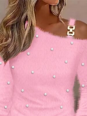 Elegant Regular Fit Plain One Shoulder Long Sleeve Blouse - Image 2