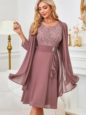 Elegant Regular Fit Plain Round Neck 3/4 Sleeve Knee Length Dress Set - Image 1