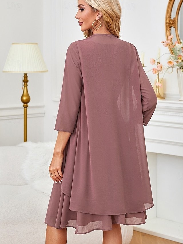 Elegant Regular Fit Plain Round Neck 3/4 Sleeve Knee Length Dress Set - Image 2