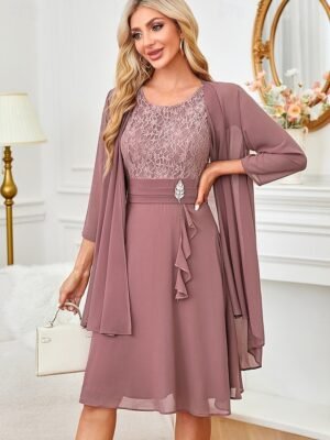 Elegant Regular Fit Plain Round Neck 3/4 Sleeve Knee Length Dress Set - Image 3