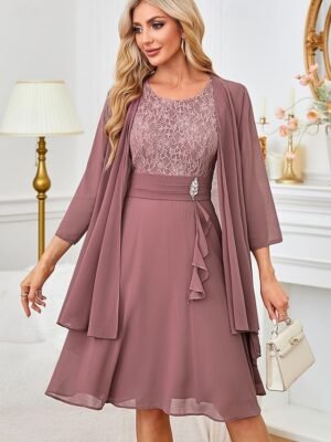 Elegant Regular Fit Plain Round Neck 3/4 Sleeve Knee Length Dress Set - Image 4