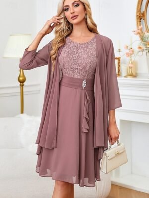 Elegant Regular Fit Plain Round Neck 3/4 Sleeve Knee Length Dress Set - Image 5