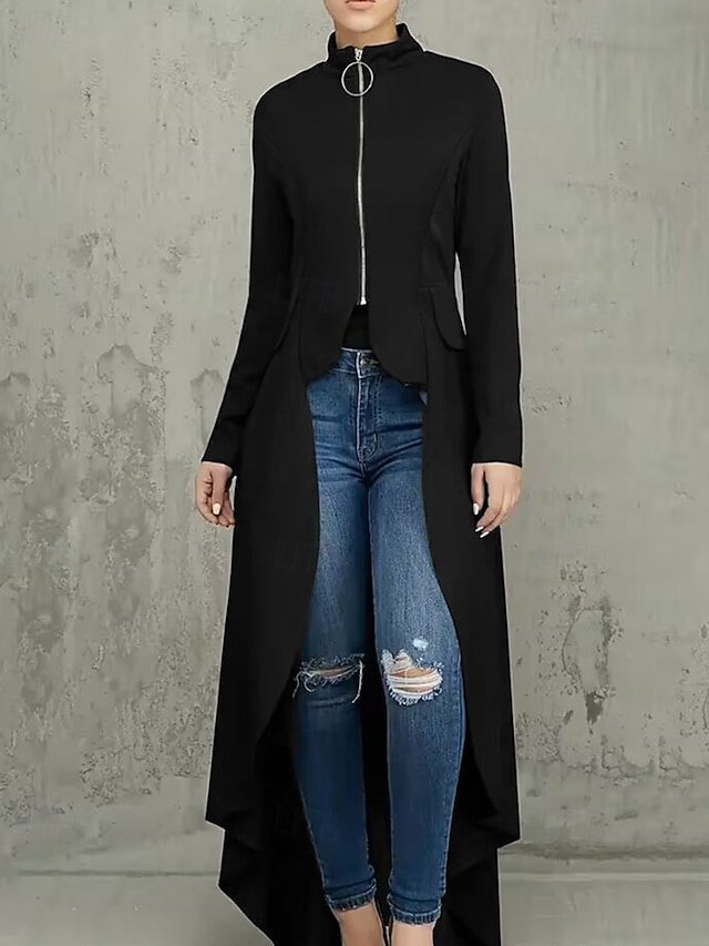 Elegant Regular Fit Plain Stand Collar Long Sleeve Irregular Hem Jacket - Image 1