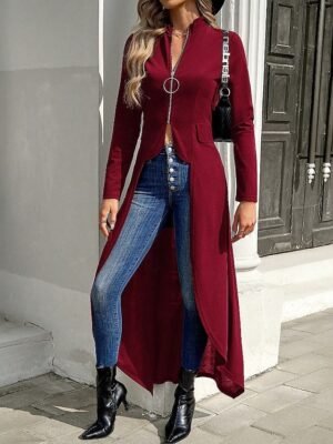 Elegant Regular Fit Plain Stand Collar Long Sleeve Irregular Hem Jacket - Image 10