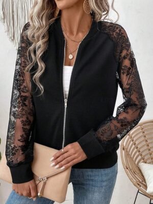 Elegant Regular Fit Plain Stand Collar Long Sleeve Bomber Jacket - Image 3