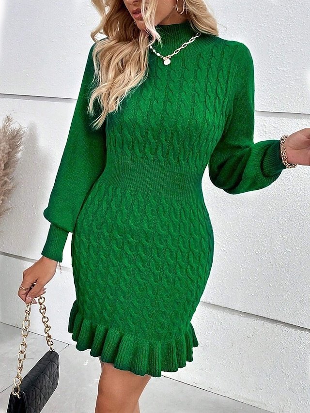 Elegant Regular Fit Plain Turtleneck Long Sleeve Mini Jumper Dress - Image 1