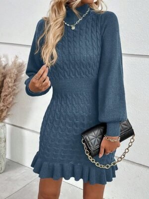Elegant Regular Fit Plain Turtleneck Long Sleeve Mini Jumper Dress - Image 3