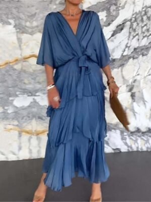 Elegant Regular Fit Plain V Neck Half Sleeve Maxi Dress - Image 1