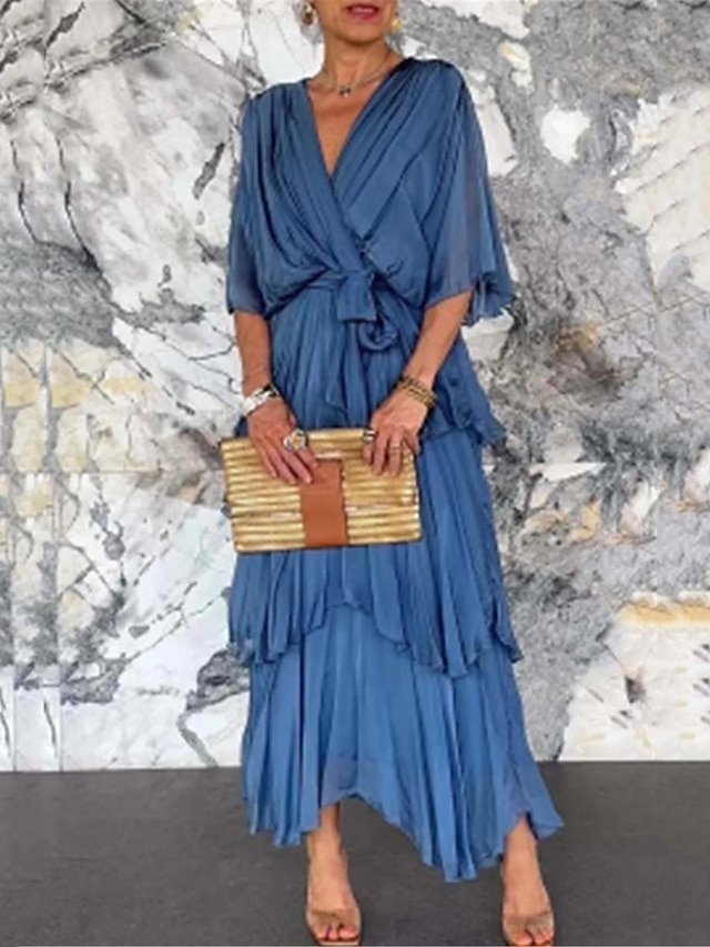 Elegant Regular Fit Plain V Neck Half Sleeve Maxi Dress - Image 2