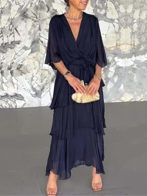 Elegant Regular Fit Plain V Neck Half Sleeve Maxi Dress - Image 4