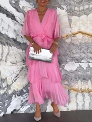 Elegant Regular Fit Plain V Neck Half Sleeve Maxi Dress - Image 6