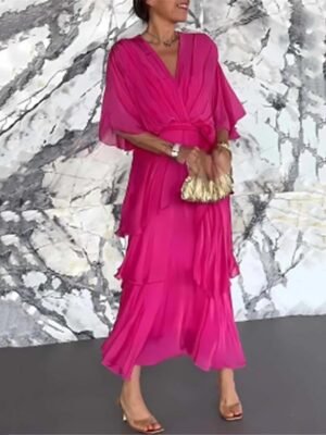 Elegant Regular Fit Plain V Neck Half Sleeve Maxi Dress - Image 9