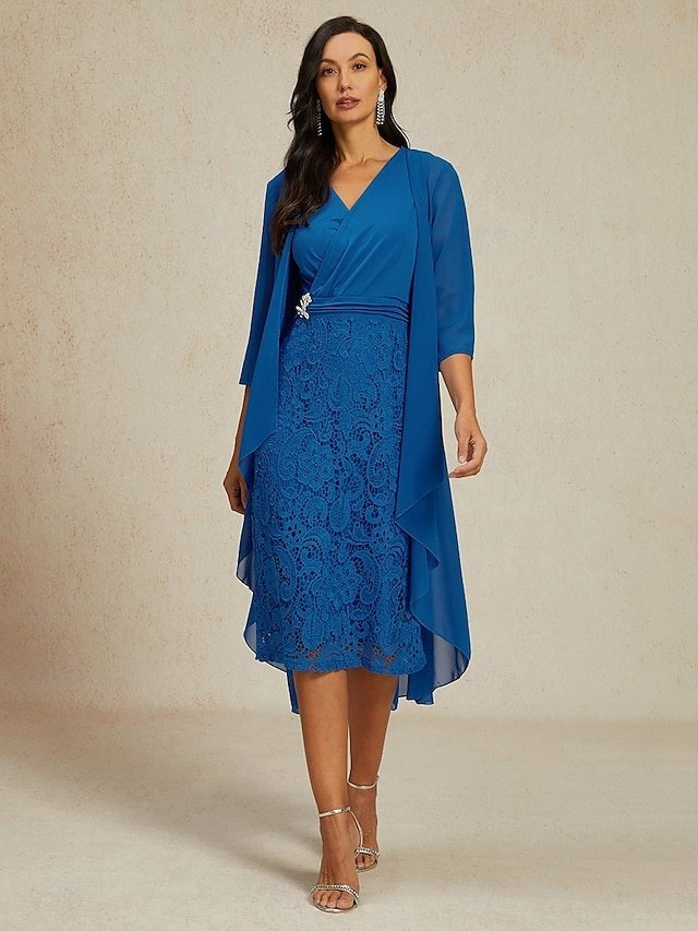 Elegant Regular Fit Plain V Neck Long Sleeve Midi Dress Set - Image 1