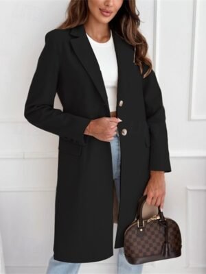 Elegant Regular Fit Plain V Neck Long Sleeve Long Winter Coat - Image 2