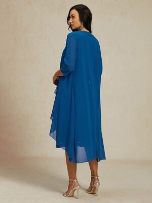 Elegant Regular Fit Plain V Neck Long Sleeve Midi Dress Set - Image 2