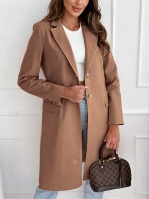 Elegant Regular Fit Plain V Neck Long Sleeve Long Winter Coat - Image 3