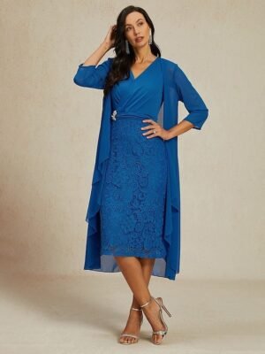 Elegant Regular Fit Plain V Neck Long Sleeve Midi Dress Set - Image 7