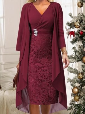Elegant Regular Fit Plain V Neck Long Sleeve Midi Dress Set - Image 9