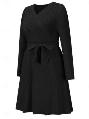 Elegant Regular Fit Plain V Neck Sleeveless Midi Sweater Dress - Image 4